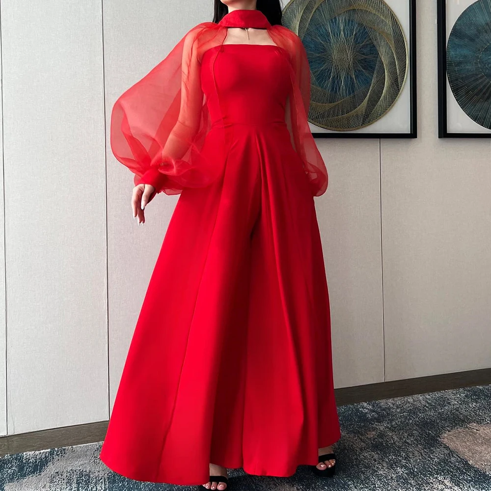 

Customized Formal Off The Shoulder Satin Evening Dress Modern A-Line Floor Length Strapless Long Sleeves Special Occasion Gowns