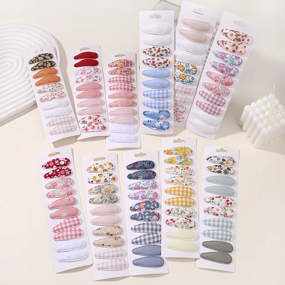 10Pcs/Lot Newborn Print Cotton Hair Bow Alloy Snap Clips Set Fabric Plaid Hairpins Girls Kids Headwear Baby Hair Accessories