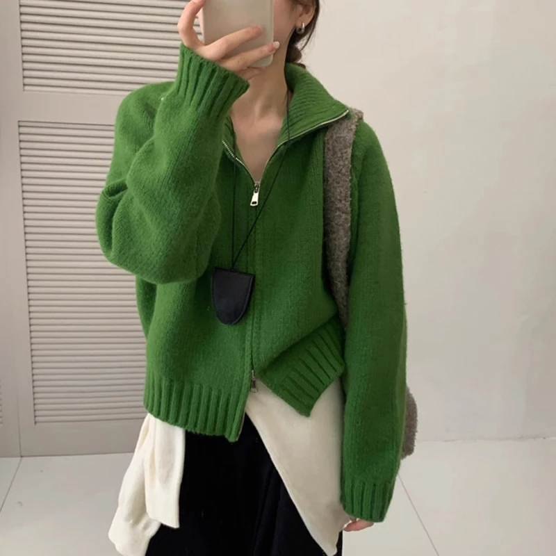 

Женский свитер на молнии, повседневная верхняя одежда, элегантный однотонный вязаный кардиган с воротником-стойкой для женщин, осенне-зимняя мода