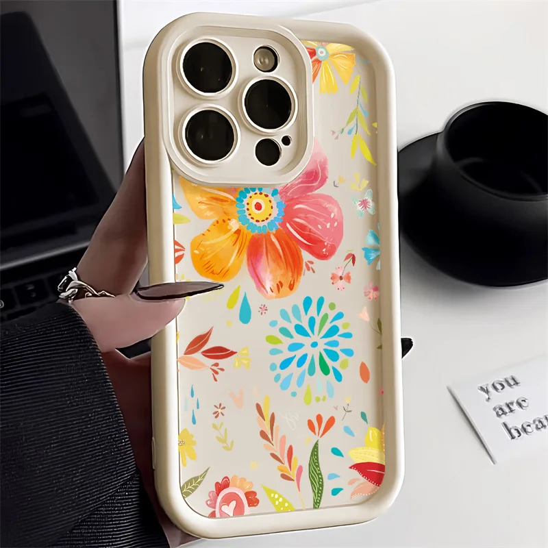 Flower Phone Case for iPhone 13 11 15 Pro Max 14 Plus 12 XR X XS 7 8 SE 13pro 15pro Liquid Silicon Solid Color Funda Cover Coque