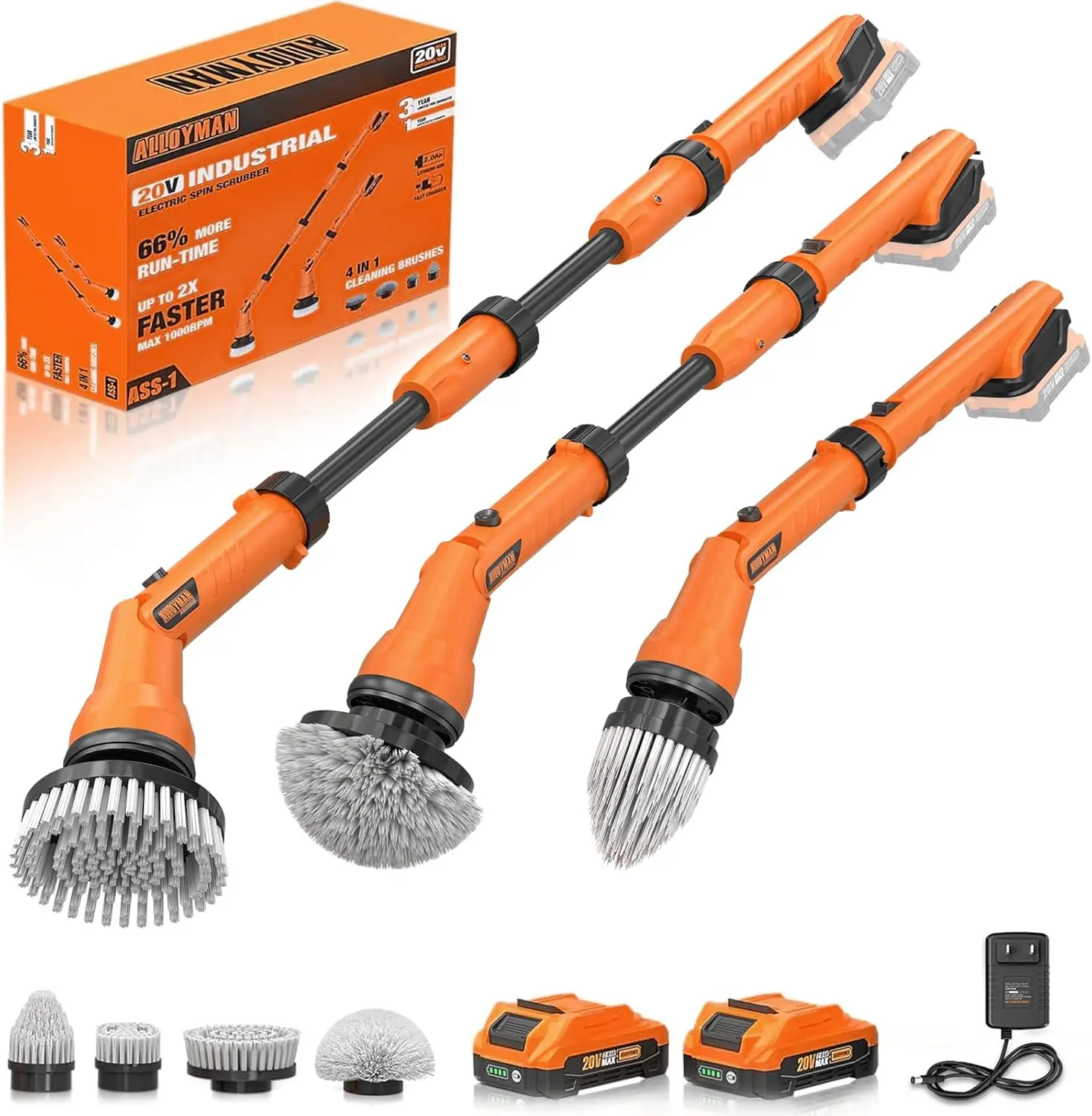 

Cordless Electric Spin Scrubber, 1000RPM Waterproof with 20V Battery, Adjustable Handle, 4 Heads for Tub Tile Wall Floor