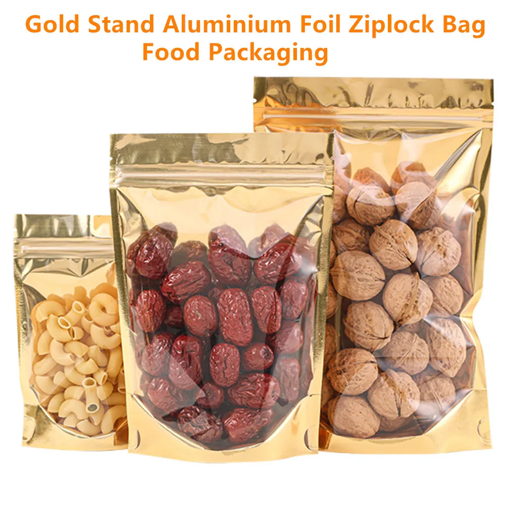 100pcs Gold Stand Up Aluminized Foil Zip Lock Bags with Clear Front - A Grade Storage Pouch Zipper Reusable Gift Snacks Package