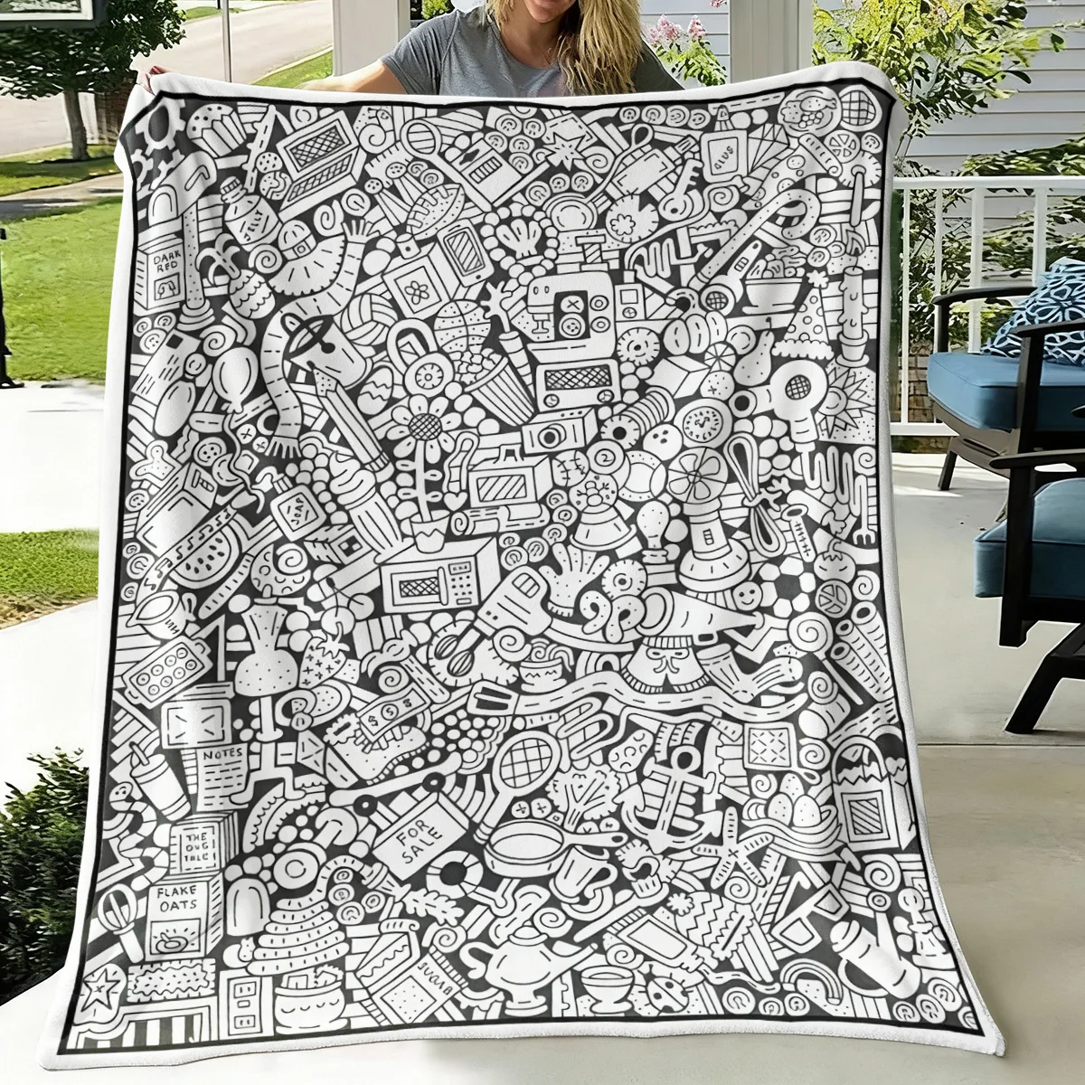 Highly Detailed Doodle Pattern Throw Blanket Sketch Graphic Winter Cozy Gift Art for Sofa Bed Room Decor Geek Academia Style