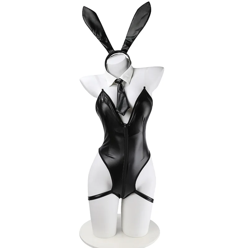 Cute Bunny Girl Zipper Up PU Leather Backless Jumpsuit Teddies Anime Halloween Cosplay Coffee Maid Rabbit Bodysuit Dropship