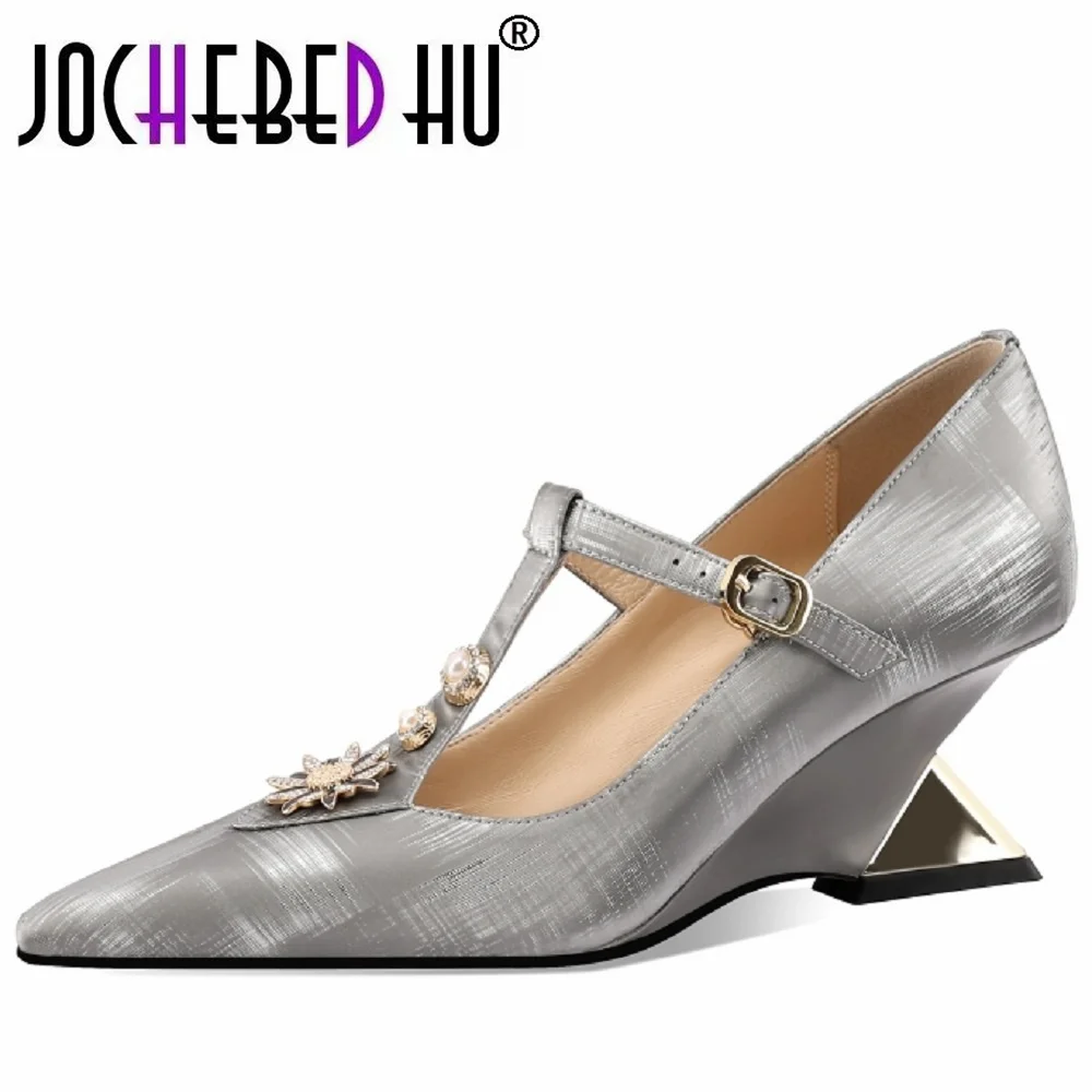 

【JOCHEBED HU】Strange Style Genuine Leather Heels Pointed Cover Toe T-strap Mary Jane Bling Metal Decoration Buckle Retro Shoes