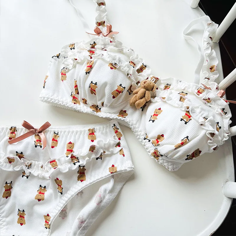 Leechee Underwear New Small Fresh Cute Sweet Cartoon Printed Bear Bra Set Small Fresh Girl Thin Bra Lingerie Set Sexy