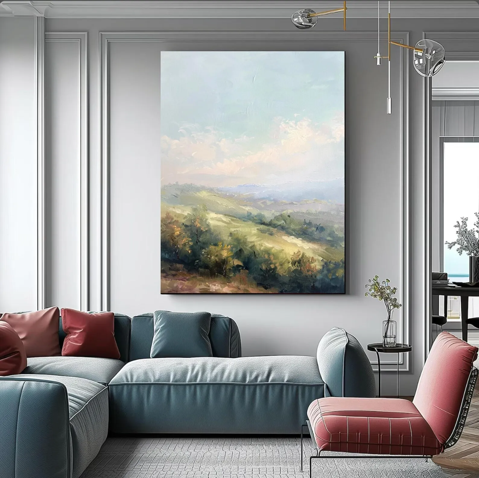 Mhemyo Serene Green Hills Landscape Original Hand Painted Oil Painting Large Neutral Wall Art for Modern Living Room Home Decor