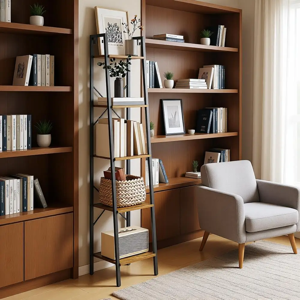 

Книжная полка с лестницей в деревенском коричневом стиле с крючками, 11,8 глубиной x 13,4 шириной x 63, идеально подходит для дома, офиса и промышленного пространства.