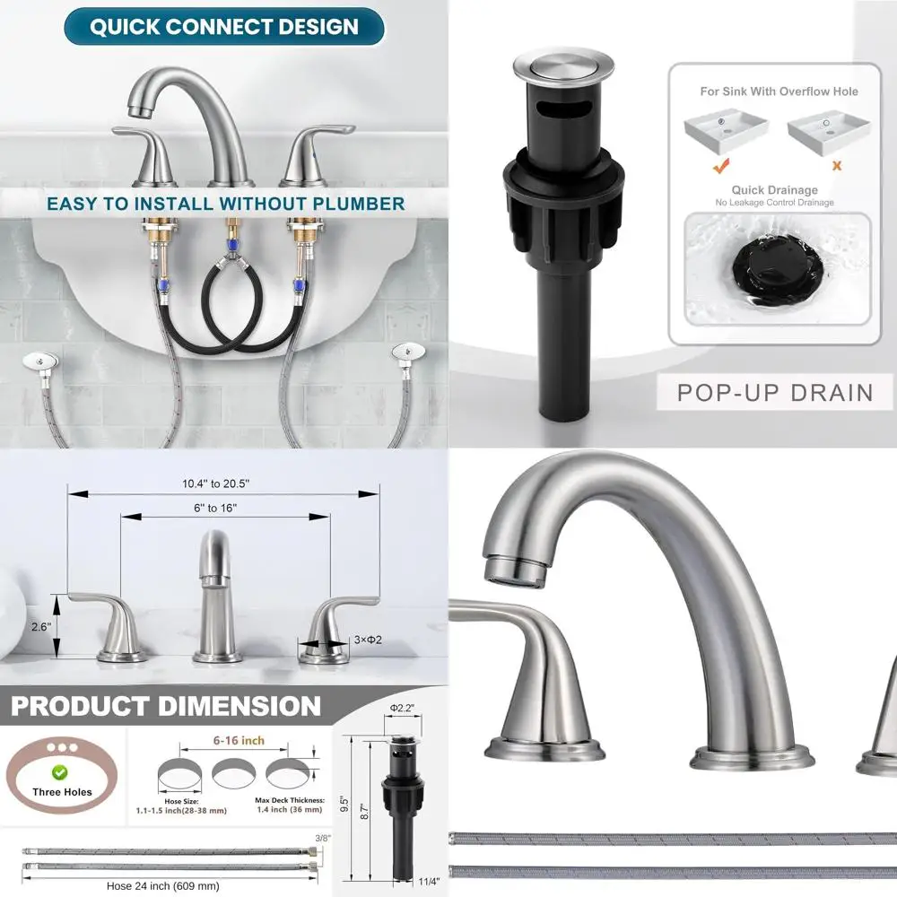 

3-Hole Brushed Nickel Widespread Bathroom Sink Faucet, Lead-Free Stainless Steel Hose, Pop-Up Drain with Overflow for RV and Cam