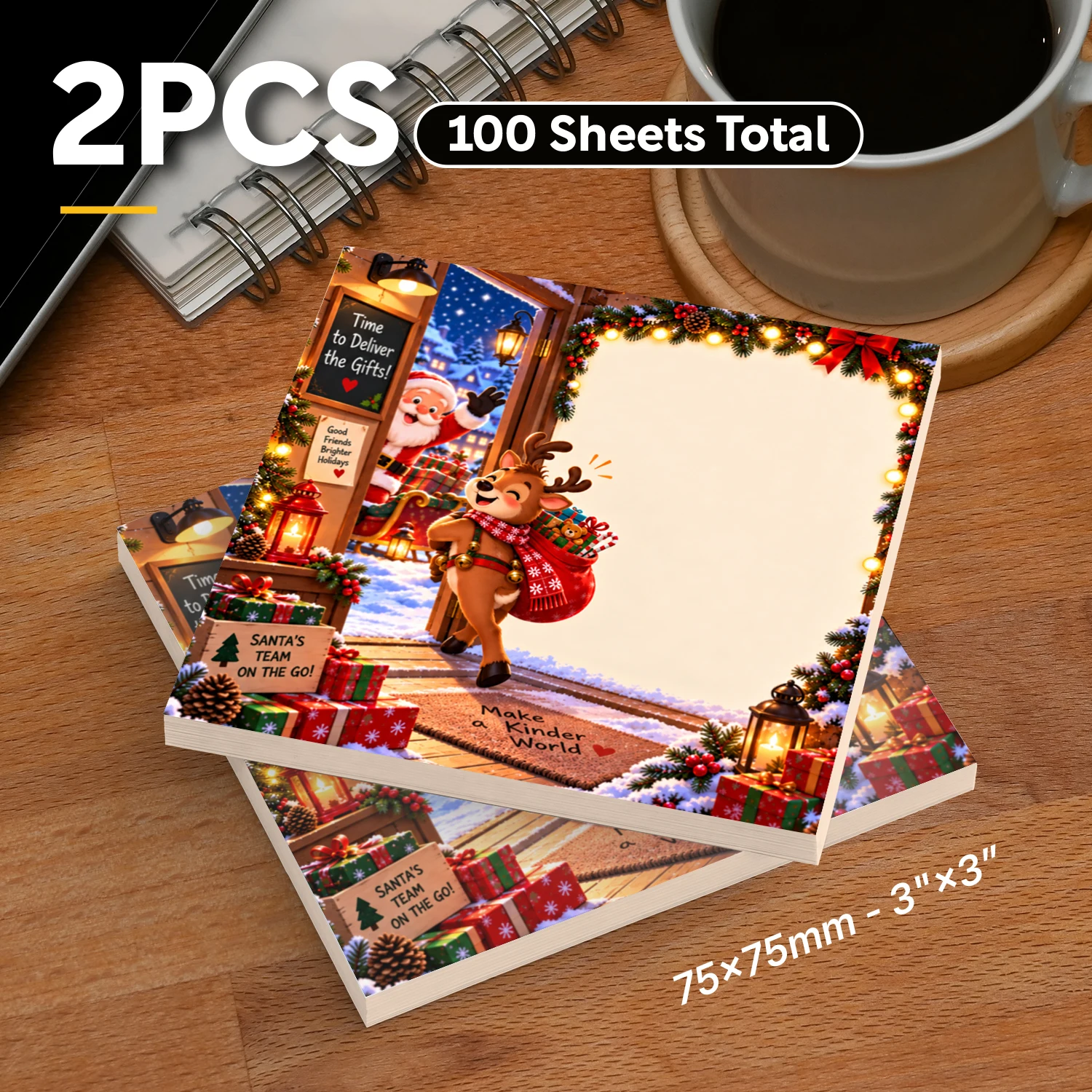 2PCS Christmas Reindeer Sticky Notes 100 Sheets Cute Santa Gift Delivery Memo Pads Holiday Office School Stationery