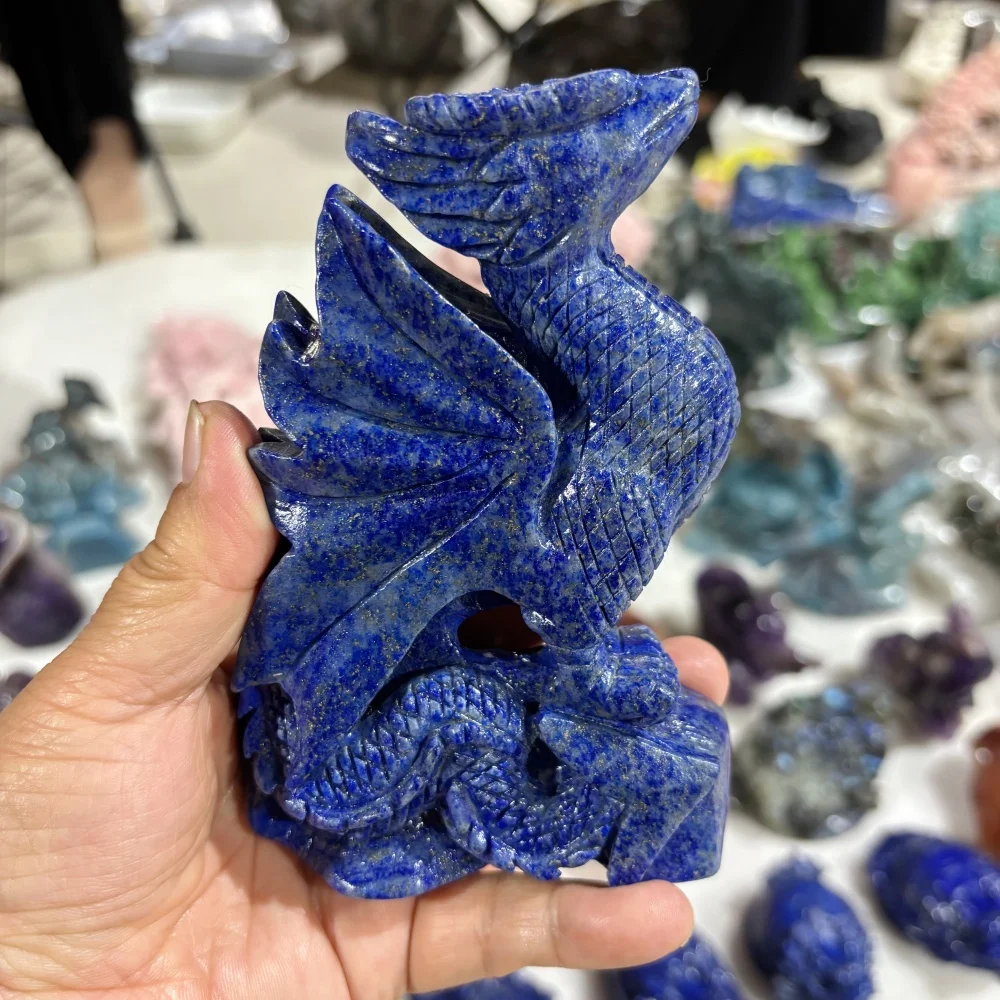 Natural Lapis Lazuli Hand Carved Dragon Figurine, Crystal Winged Dragon Statue, Reiki Healing Stone Home Decor Collectible Gift