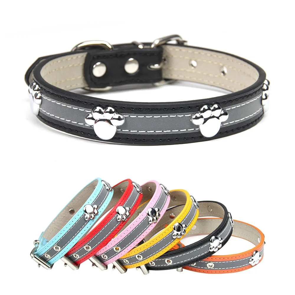 

Paw Rivets Reflective Dog Collar Leather Puppy Neck Strap Collars for Small Medium Large Dogs Accessories Pitbull Pet Supplies