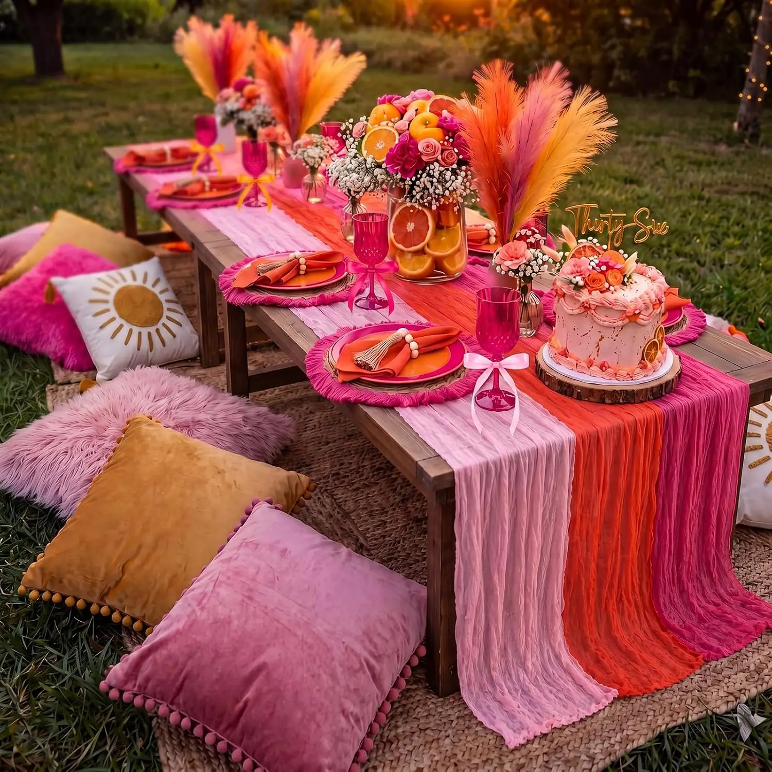 6Pcs Cheesecloth Table Runners with Ribbon Pink Orange Boho Rustic Gauze Wedding Baby Shower Summer Thanksgiving Sunset Decor