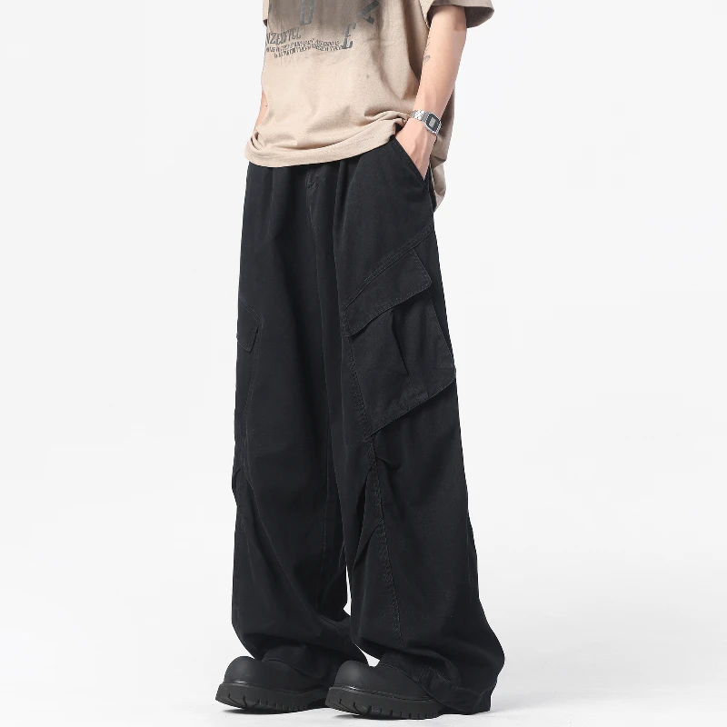 

Navy Blue Mens Pants Summer New Casual Cargo Pants American Streetwear Scimitar Wide Leg Pants Baggy Full Length Trousers Male