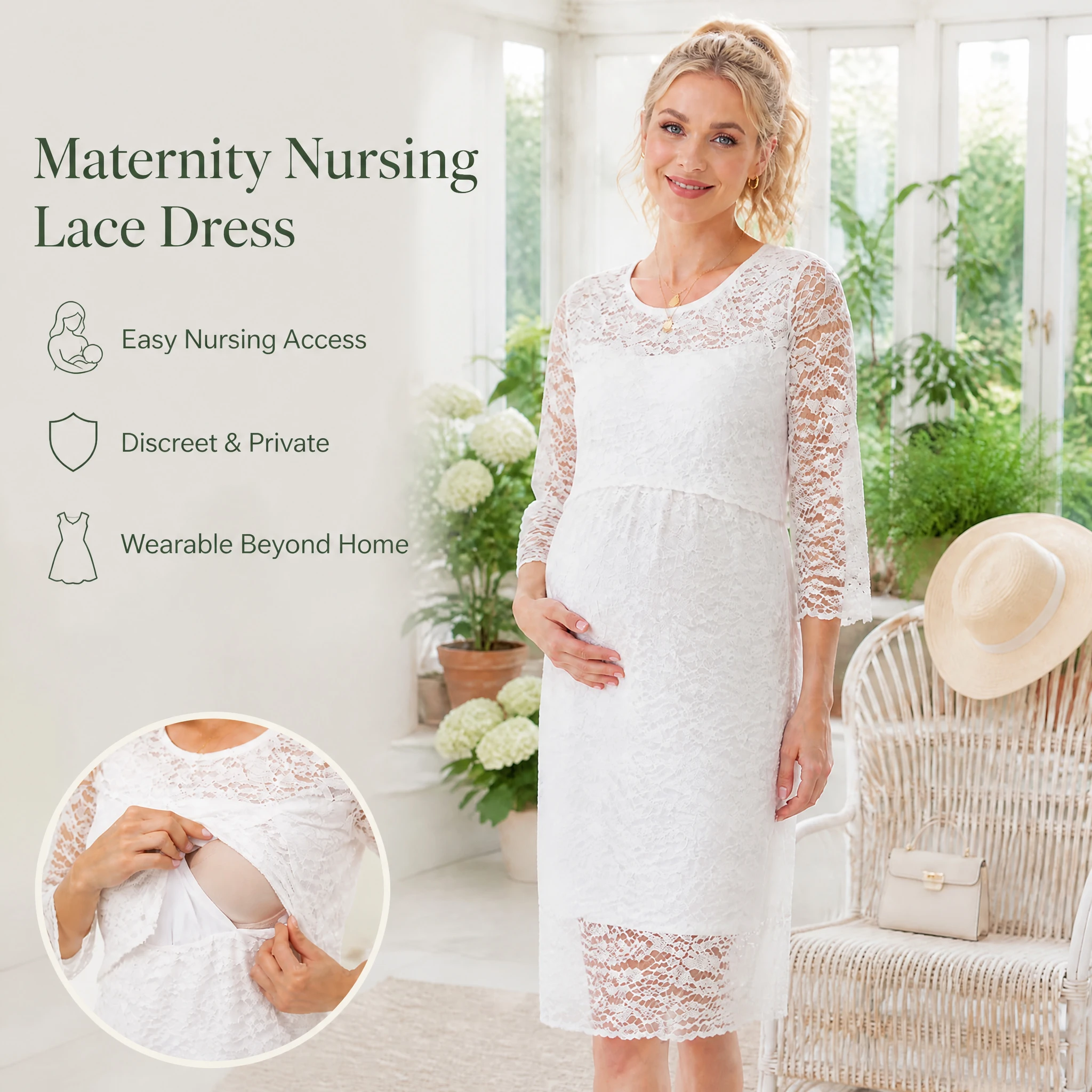 Maternity Nursing Lace Dress 3/4 Flared Sleeve Round Neck Pull-Up Breastfeeding Dress Lined Midi Pregnancy Dress for Women