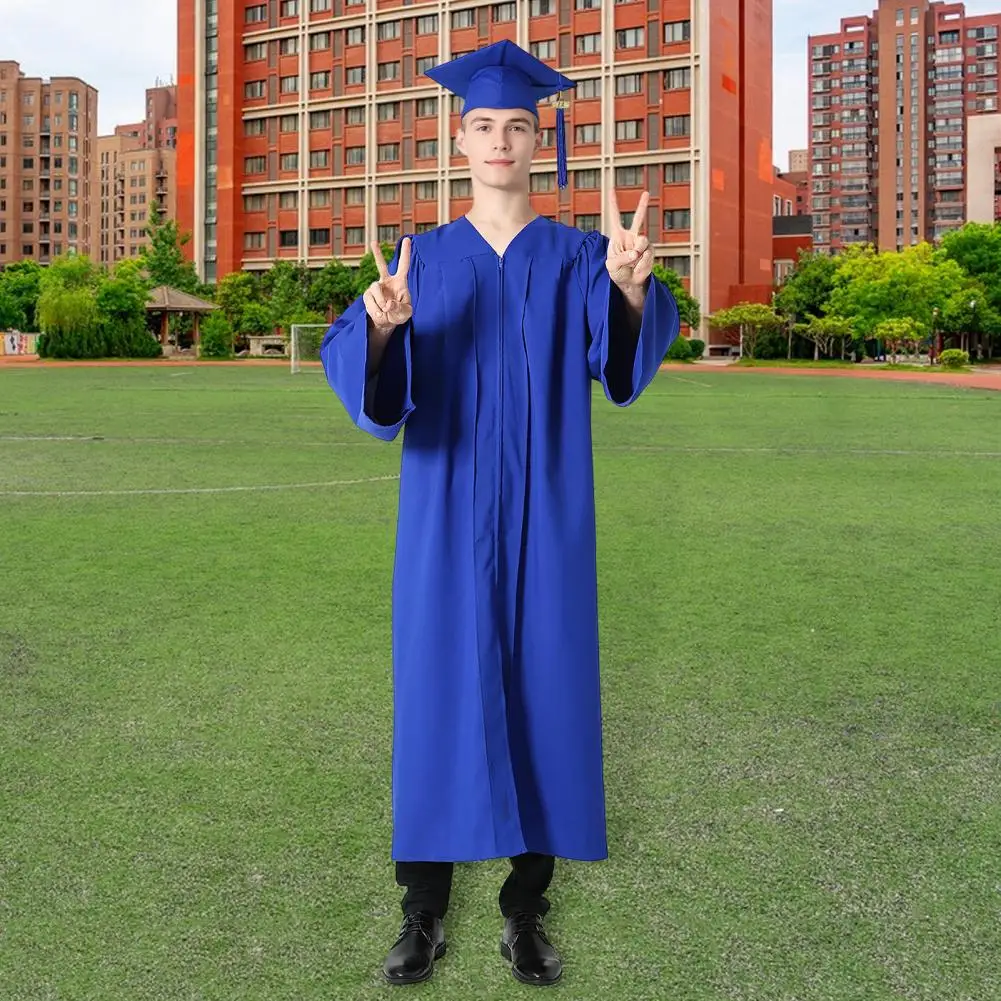 Vestido de graduación, bata de graduación para estudiantes de artes con cuello en V, sombrero, uniforme de soltero para médico, fiesta de graduación, largo hasta la rodilla