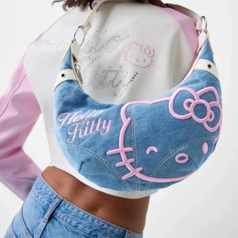 

2026 New Croissant Bag Women's Denim Handbag HelloKitty Denim Embroidered Armpit Bag Crossbody Bag