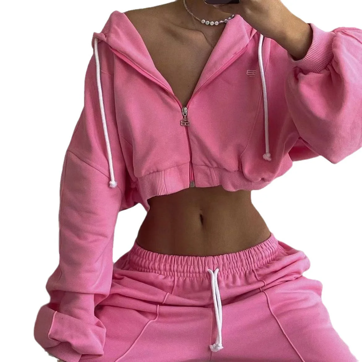 Pink Two Piece Set for Women Zipper Short Hoodies Long Pants Sets Hip Hop Trouser Sets with Pockets Women\'s Sports Suit