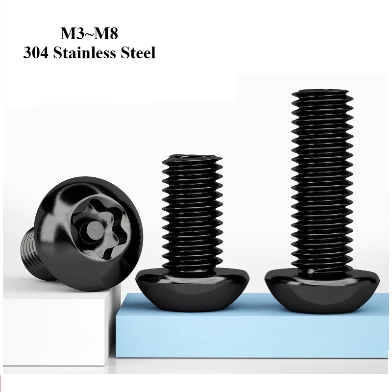 M3 ~ M8 Pin Torx Button Head Screw 304 Stainless Steel with Black Six Lobe Anti-theft Tamper Proof Security Screw