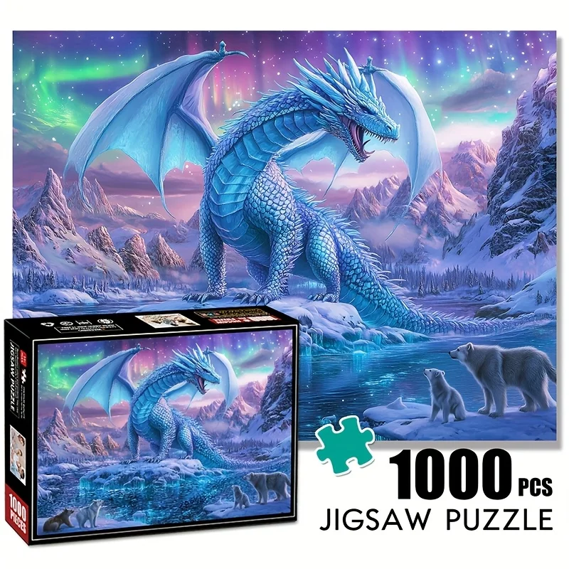 Puzzle del drago dell'orella 1000 - Grandi scene fantasy 3D con blu vivaci e viola, montagne dettagliate e scene di neve, Perf