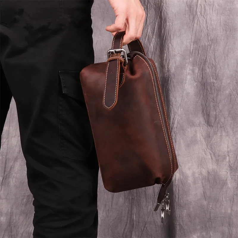 Vintage Genuine Leather Makeup Bag Large Capacity Storage Bag for Men Cowhide Handbag Retro Style Soft Handle Casual Leisure