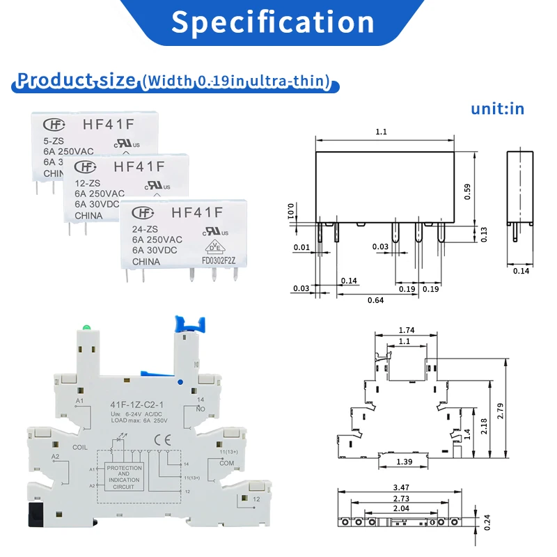 Imagem -05 - Relé Industrial do Trilho do Ruído com Led Magro Hf41f 5v 12v 24v 6a Ssr 41f5-zs 41f12-zs 41f24-zs 20 Peças