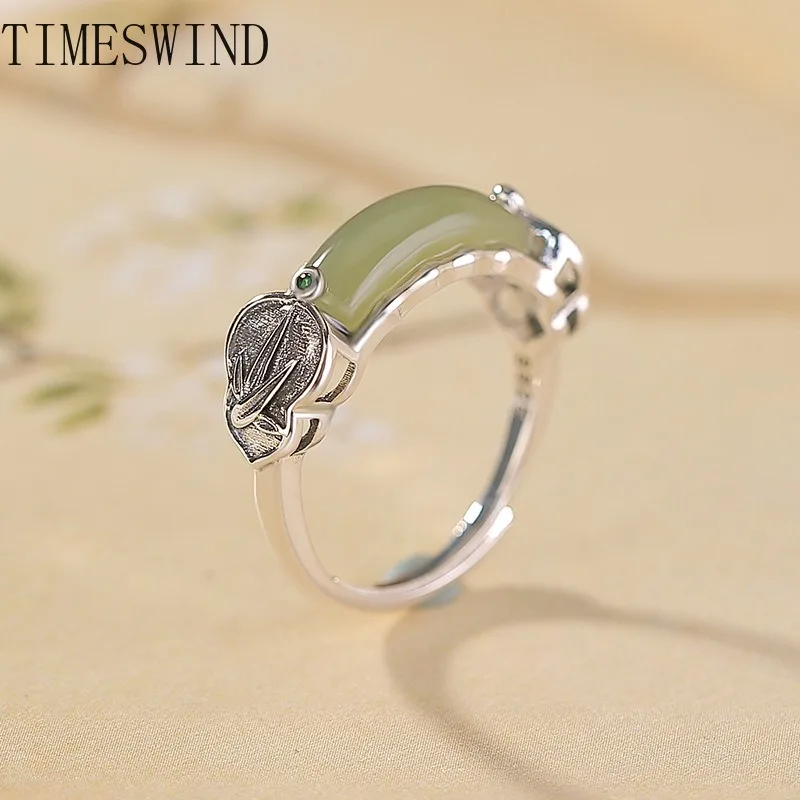 

TIMESWIND оригинальный зеленый натуральный нефрит полуизогнутый S925 бамбуковый лист женское открытое кольцо модные украшения с сертификатом