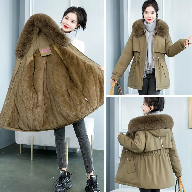 Women 2023 New Down Cotton Coat Winter Jacket Female Medium Style Parkas  Big Fur Collar Outwear Hooded All-match Overcoat