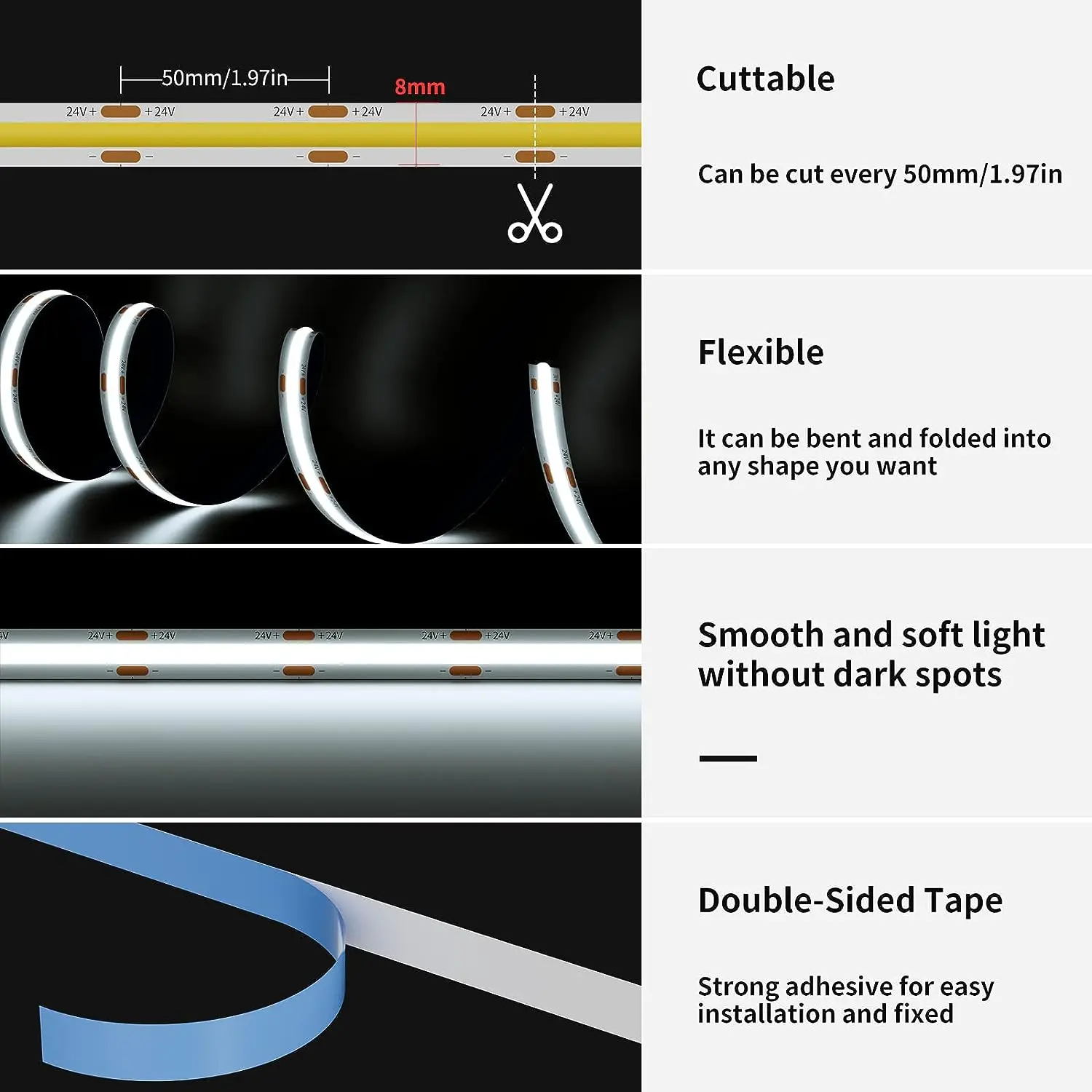 PAUTIX COB LED Strip Light High Density 320 480 LEDs 12V/24V Flexible LED Strip Warm Nature Cool White RA90 Linear Dimmable