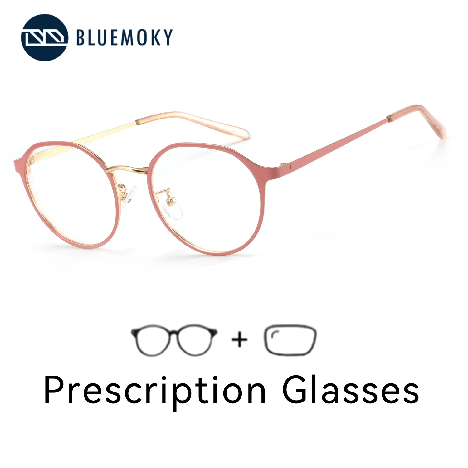 

BLUEMOKY Fashion Women's Pink Metal Full-Rim Hexagonal Glasses Frame Progressive Lenses Anti-Blue Light Myopia Eyewear