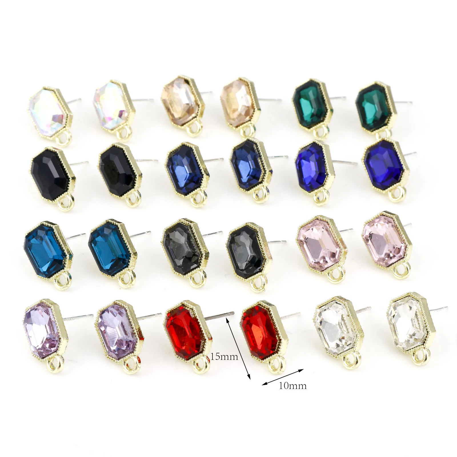 6PCs 0.7mm Multicolor Glass Ear Post Stud Earrings Findings Octagon Gold Color Metal W/ Loop Earrings Women Jewelry 15mm x 10mm