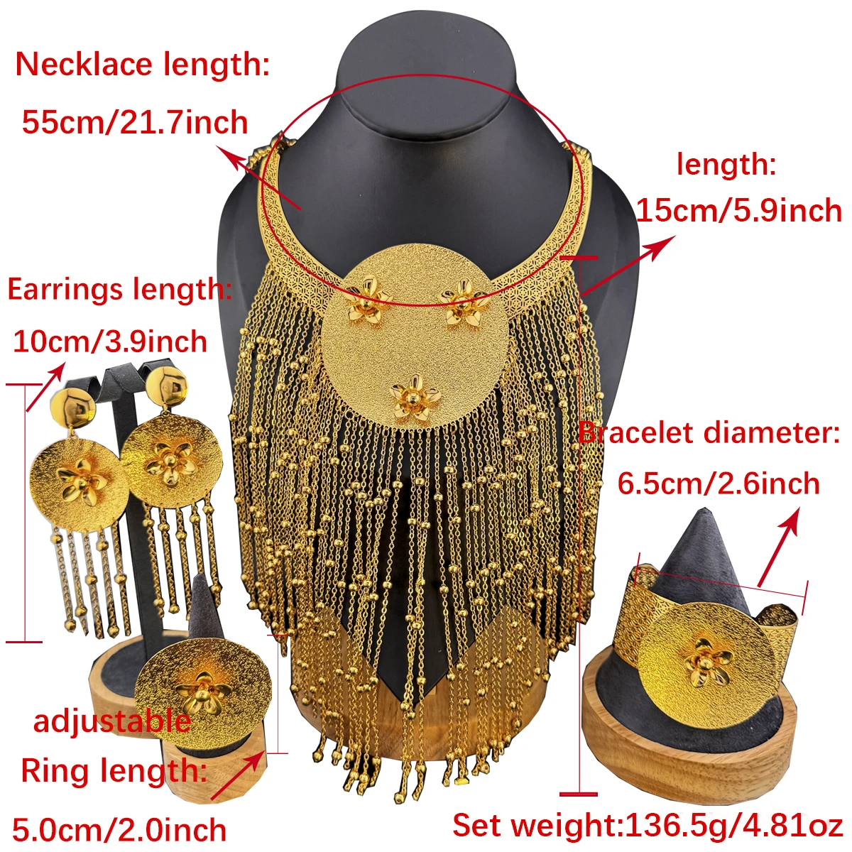 Dubai Fashion Jewelry Sets Exaggerated Round Necklace for Womens Bracelet Earrings Ring Wedding Party Gift