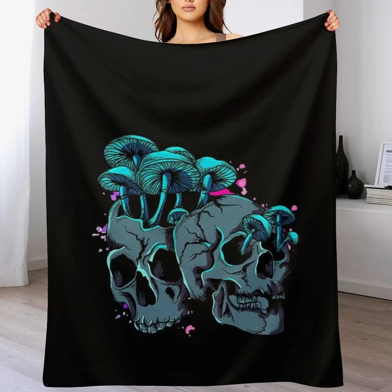 

Funny Skeleton & Mushroom Mycologists Halloween Costume Day Throw Blanket Stylish Couch Blanket for Home Living Room