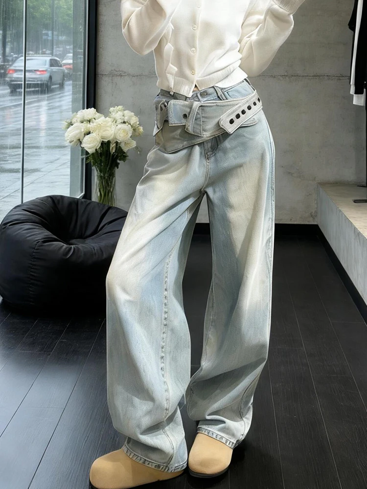 

Retro American Spliced High Waist Denim Pants Women's Trendy Design Multi-ket Waist Seal Floor-Length Dra Jeans
