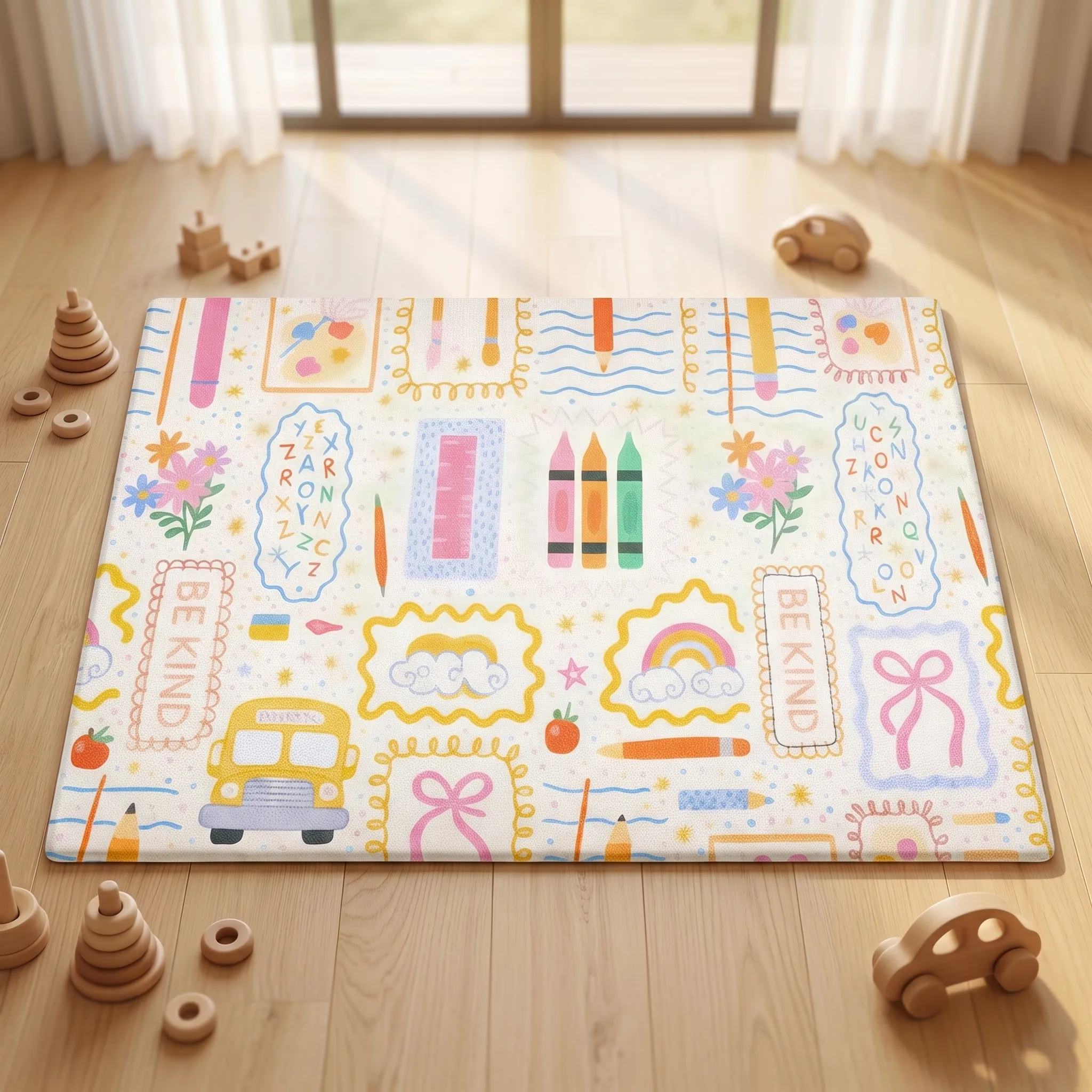 Cartoon Stationery Rainbow Pattern Area Rug, Fresh Hand‑Drawn Style Floor Mat, Home Decor for Living Room Study Leisure Space