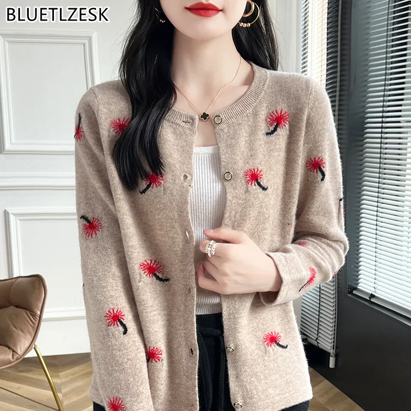 100%Wool Cashmere Cardigan Sweater Women\'s Autumn/Winter O-Neck Knit Long Sleeve Loose Clothing Korean Fashion Embroidery Jacket