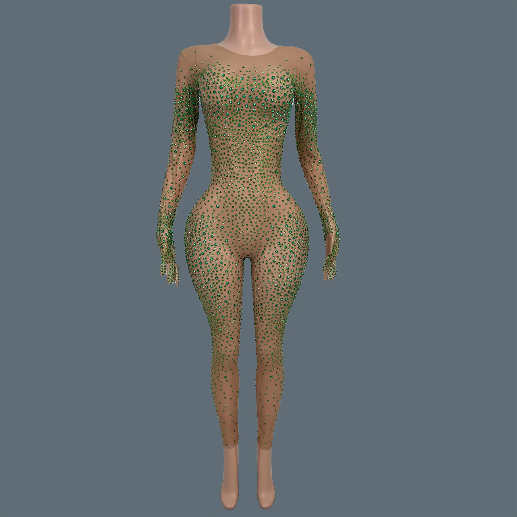 

Sparkly Mesh Rhinestones Jumpsuit Women Sexy Elasticity See Through Performance Costume Nightclub Stage Wear Tiaotiaotang