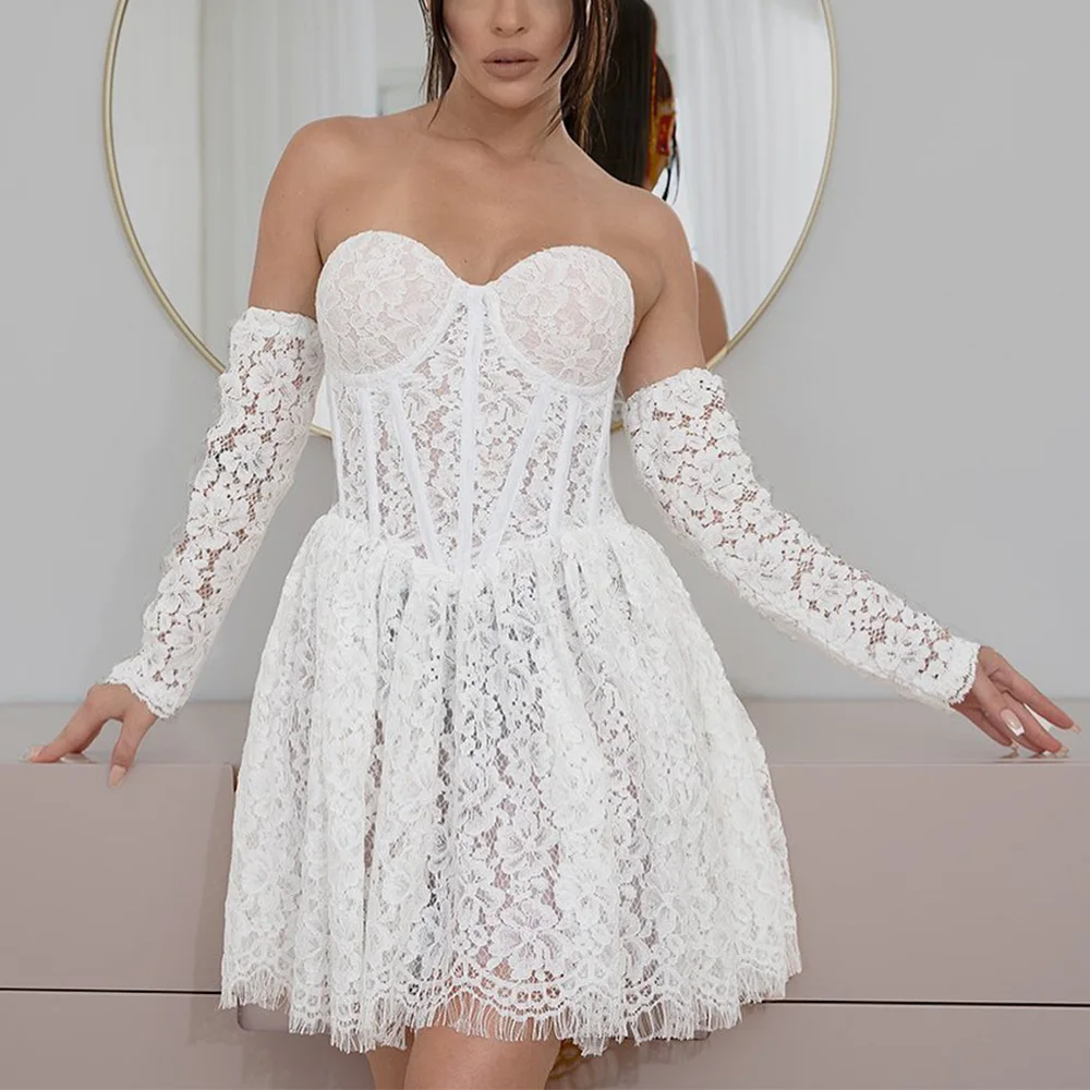 

Ivory Lace Wedding Dress Short Sweetheart A Line Mini Wedding Gowns with Detachable Sleeves Vestido de Novia Robe de Mariée 2024