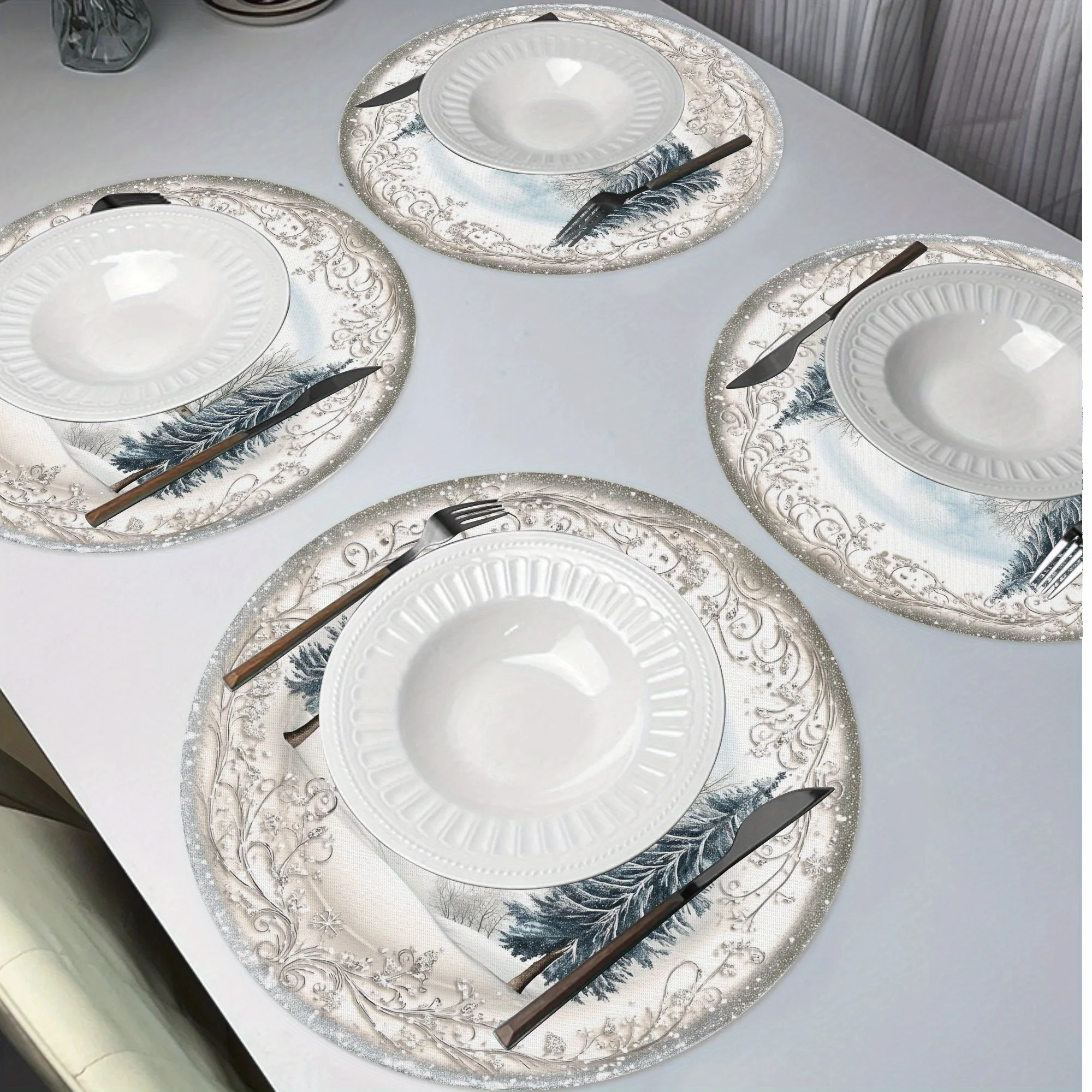 VIKAMA Round Christmas Placemats Winter Snow Scene Pine Tree Linen Mats Non-Slip Wipe Clean for Xmas Rustic Decor