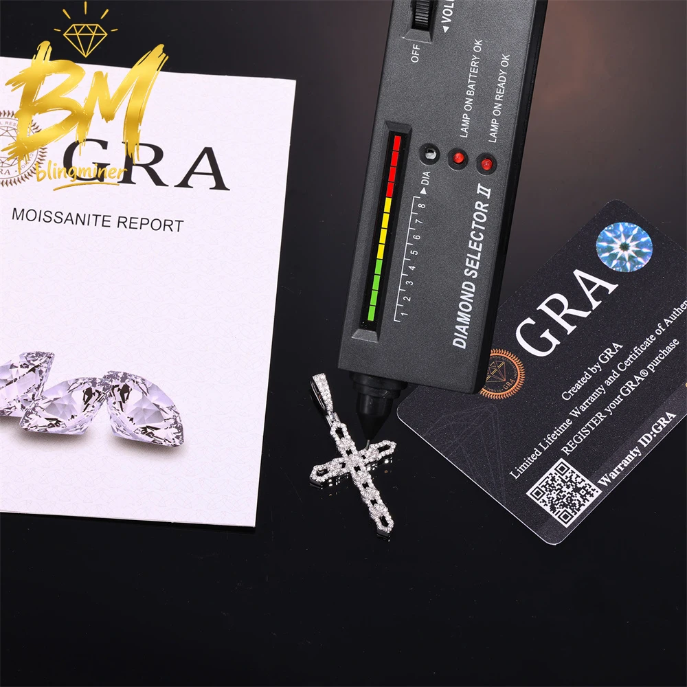 Blingminer VVS Moissanite Cross Pendant Iced Out Necklaces Brass Men Women Hip Hop Jewelry Free Shipping