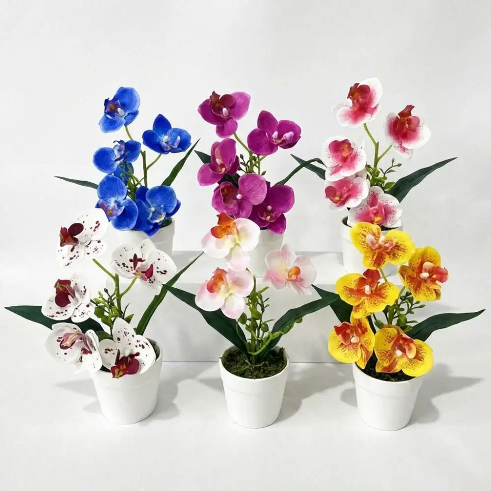 5 Blooms Artificial Orchid Arrangement Realistic Indoor Potted Flower Display Pink White White Pot Tabletop Floral Centerpiece