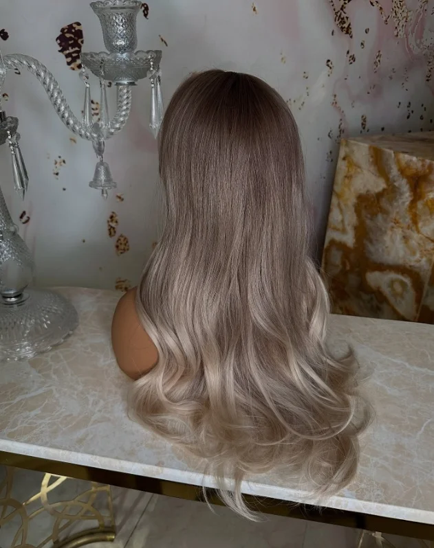 أومبير الرماد رمادي شعر مستعار أشقر طويل موجة طبيعية شعر مستعار مع الانفجارات الدانتيل أعلى شعر مستعار رخيصة حزب اليومية تأثيري الباروكات ألياف مقاومة للحرارة #4