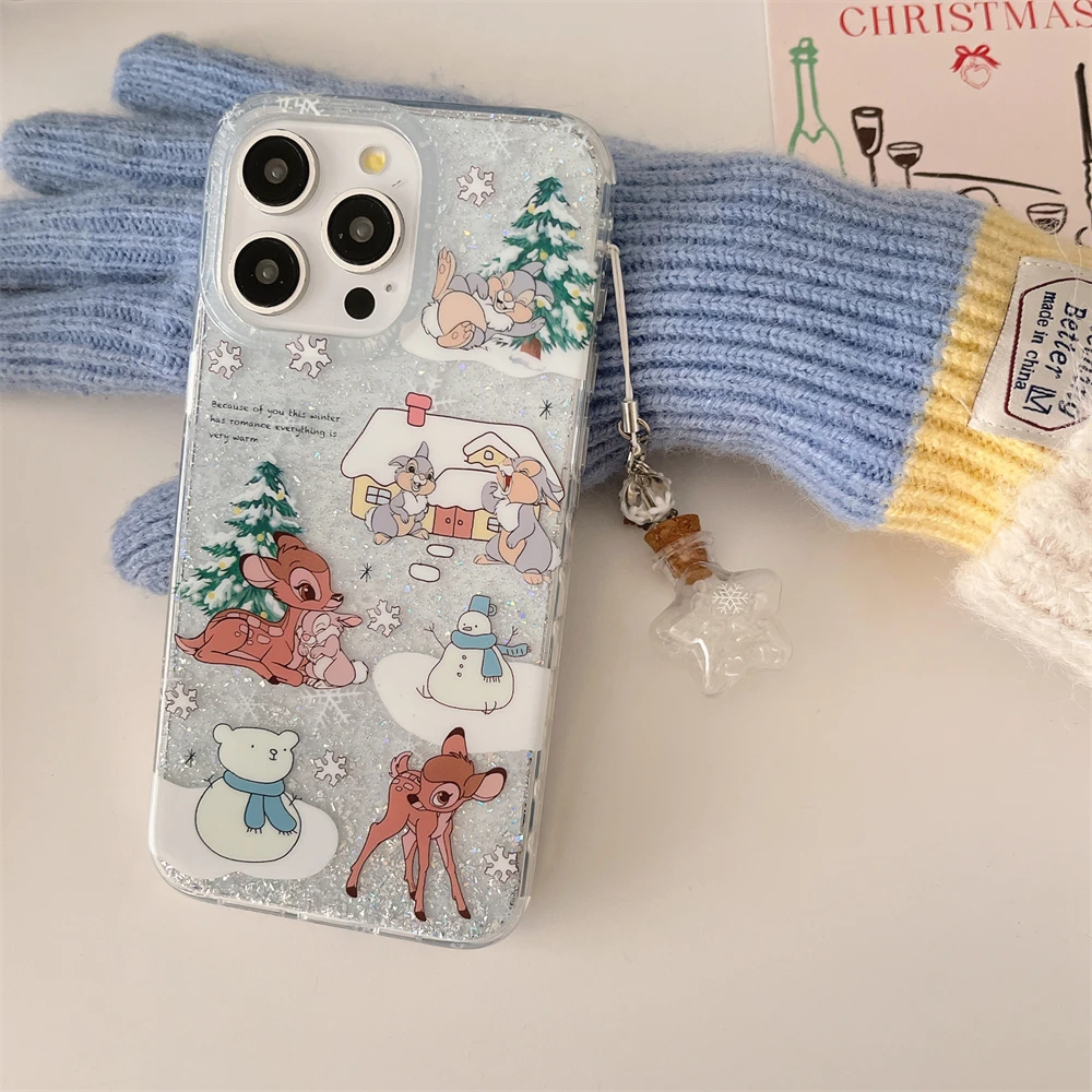 Merry Christmas Glitter Phone Case for iPhone 16 14 13 15 Pro Max Transparent Shockproof Back Cover Cute Snowman Rabbit Deer