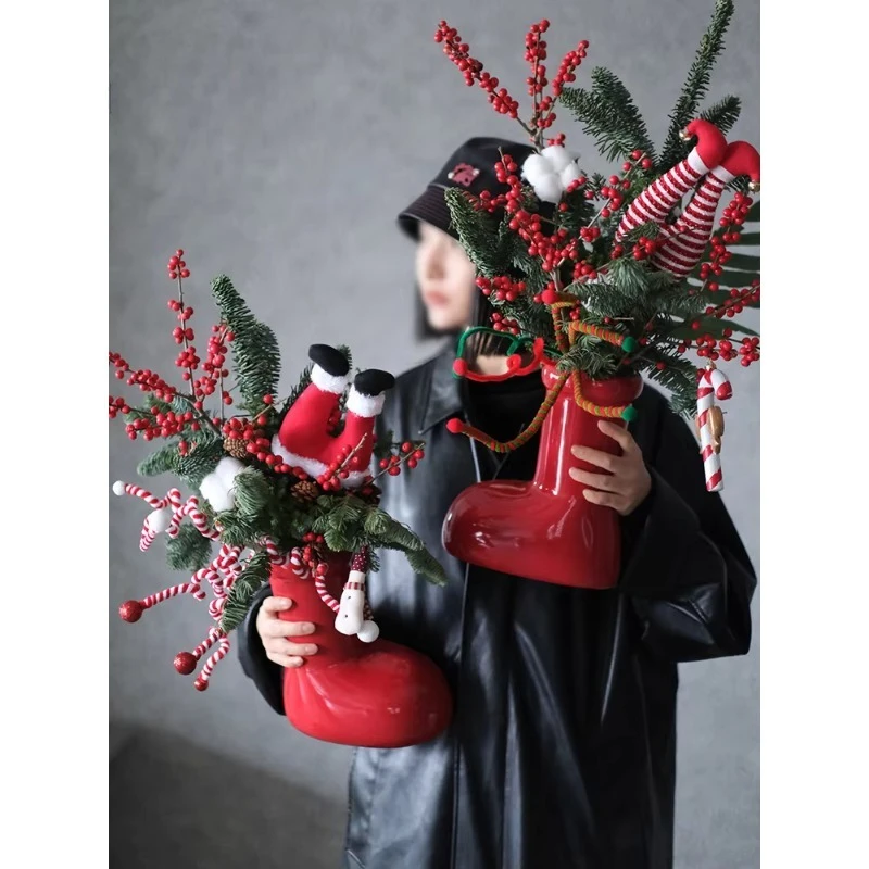 Christmas little Red Boots vase Niche creative ceramic vase Flower florist Vase Home decoration decoration holiday gift