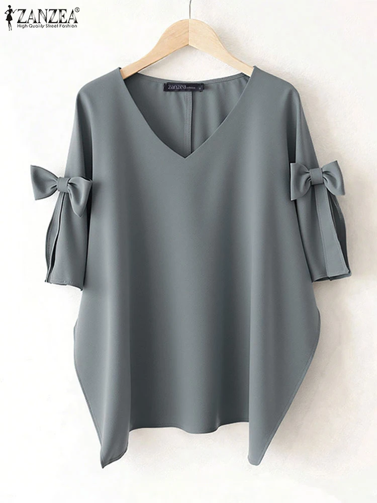 ZANZEA-Tops elegantes para mujer, blusa con lazo, informal, holgado, con cuello en V, Túnica de trabajo OL, moda 2021, Blusas de media manga de Color sólido para verano