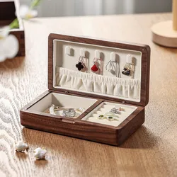 Portable Flannelette Jewelry Storage Box High-end Luxurious Black Walnut Vintage Necklace Earrings Portable Travel Pure Wood NEW