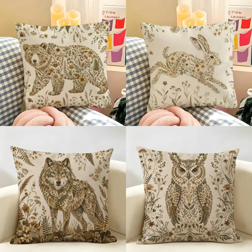 Retro Pattern Animals Flowers Cushion Cover Natural Linen Organic Fabric Double-Sided Printing Breathable Perfect For Home Decor