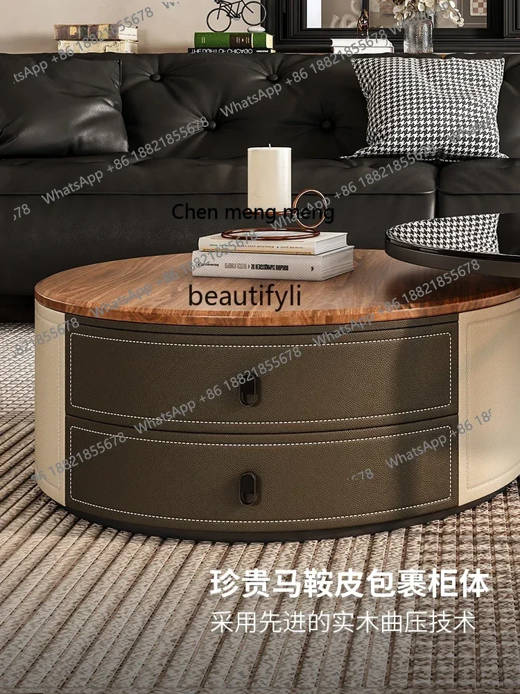 X C غرفة المعيشة الفرنسية المنزل الزجاج السرج الجلود حجم طاولة القهوة المستديرة مزيج #3