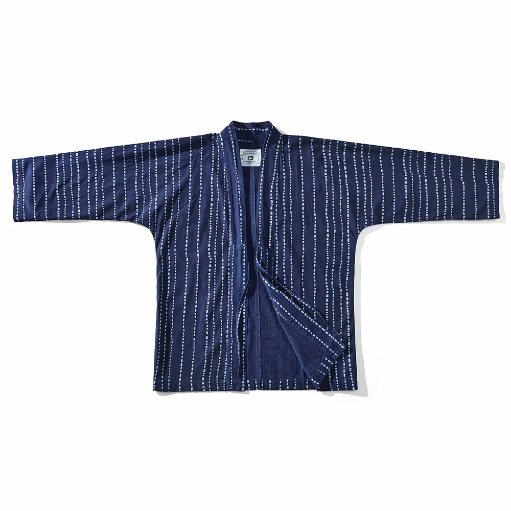 Vintage Indigo Jacket Men Spring Summer New Stripe Printed Plant Blue Dyed Thin Robe Japanese Retro Casual Cardigan Jacket Coat