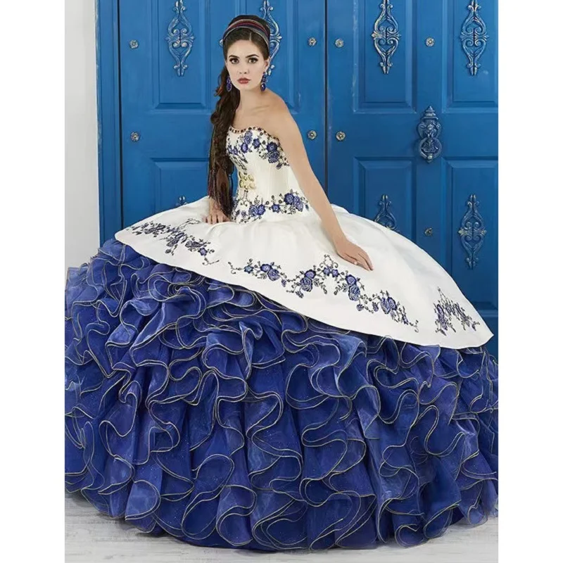 New Ruffles Quinceanera Dresses Floral Appliques Strapless Embroidery Ruffy Princess Gown Birthday Party Prom Dress Customized